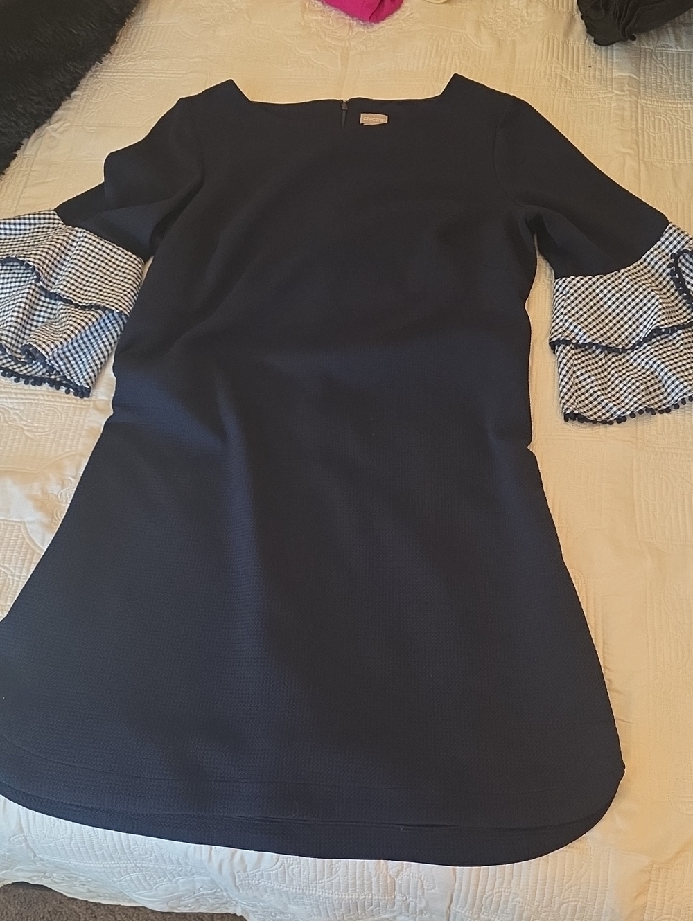 Chico's Navy Shift Dress with Gingham Ruffle Sleeves Size 3. Super Nice Dress...